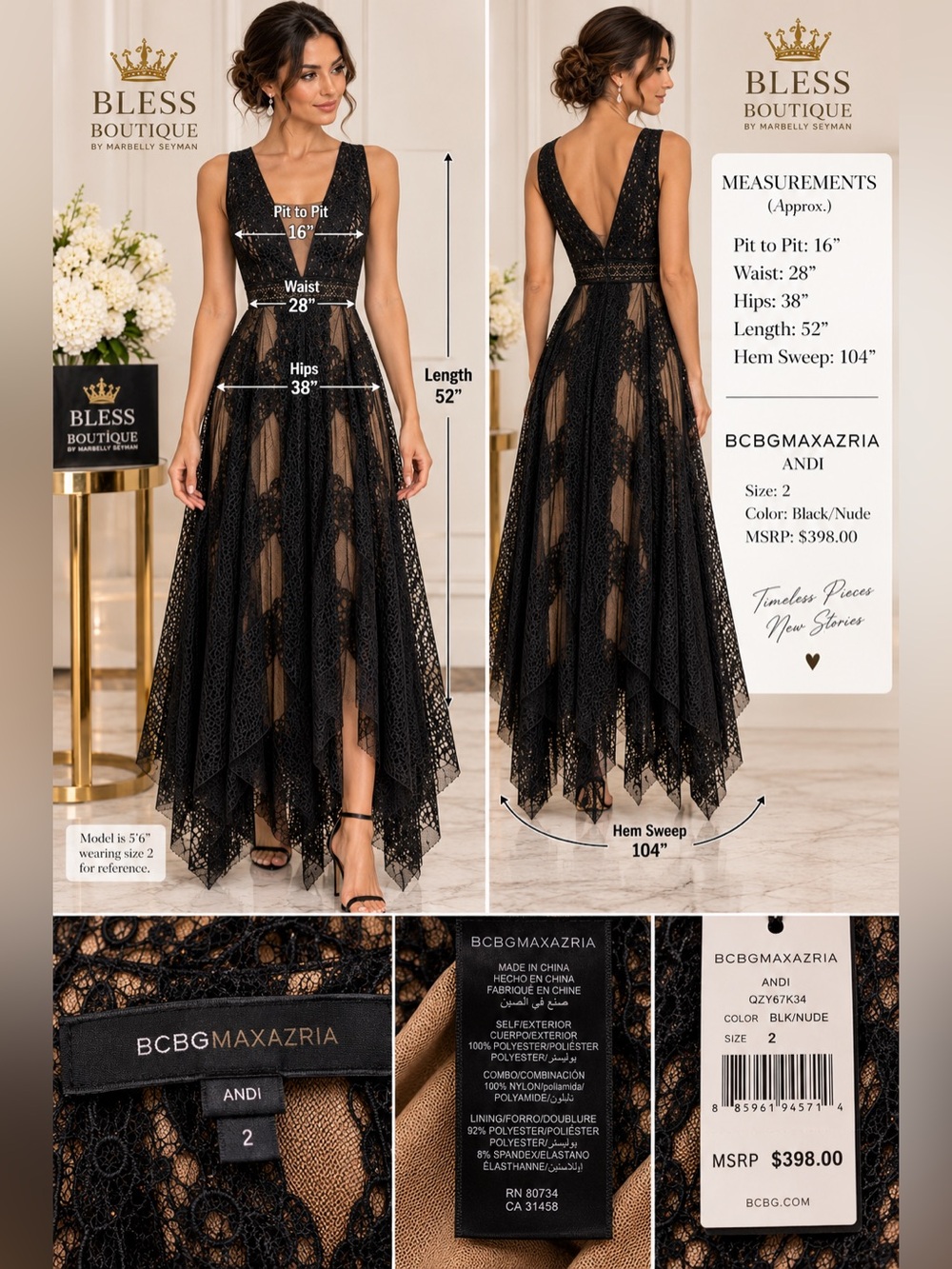 NWT BCBGMAXAZRIA Andi Black Nude Lace Asymmetrical Gown Size 2 - Picture 15 of 16